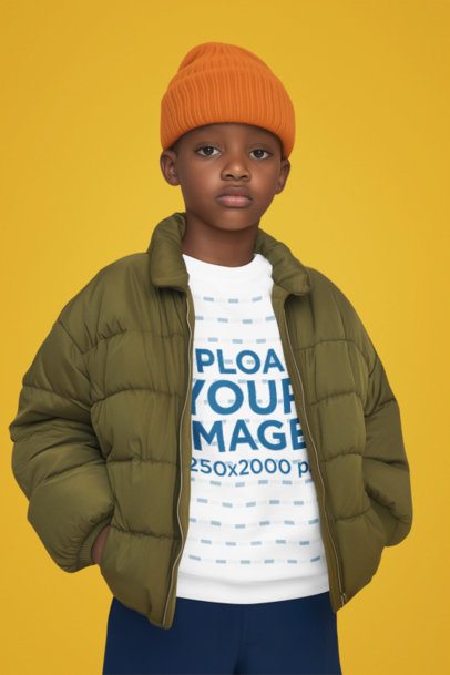 Sweatshirt Mockup of an AI-Generated Boy Standing With a Serious Expression in a Studio