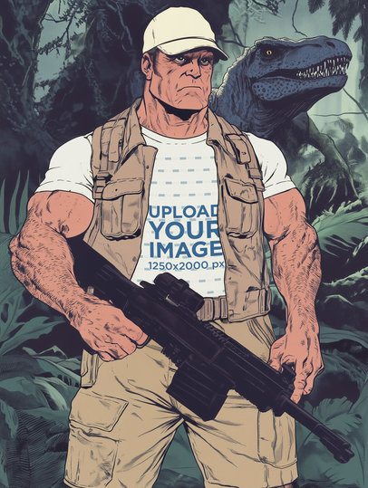 T-Shirt Mockup of an AI-Generated Man Graphic Posing in a Dinosaur Park Movie-Inspired Landscape m56085