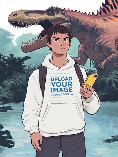 Hoodie Mockup of an AI-Generated Young Man Graphic With a T-Rex Behind Inspired by a Dinosaur Park Movie m56087