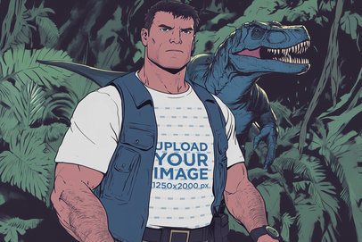 T-Shirt Mockup Featuring an AI-Created Man Illustration Inspired by a Dinosaur Park Movie Character m56089