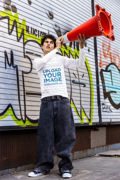 Comfort Colors Long Sleeve-Tee Mockup Featuring a Man Looking at Something With a Traffic Cone m55822