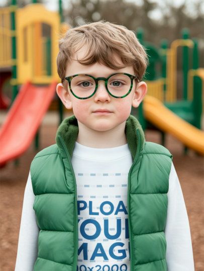 Long-Sleeve Tee Mockup Featuring an AI-Created Boy With Glasses Standing in a Playground m56045