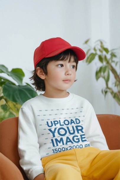 Sweatshirt Mockup Featuring an AI-Created Boy Sitting on a Couch