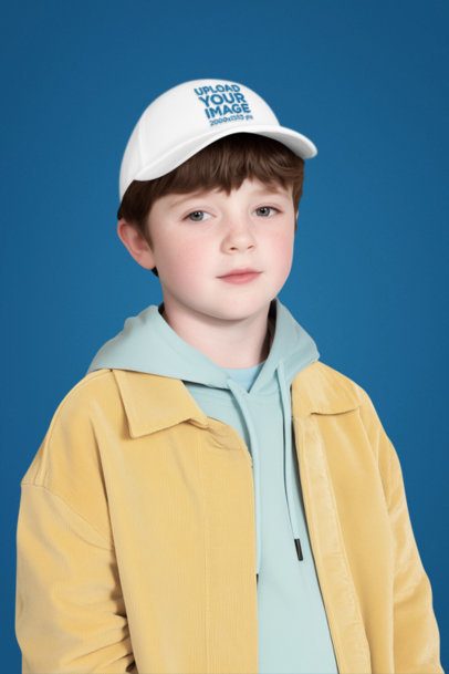 Dad Hat Mockup Featuring an AI-Created Boy Standing Against a Colorful Backdrop m56024