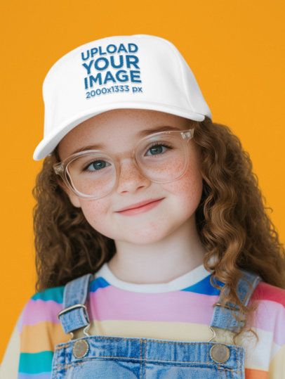Dad Hat Mockup Featuring an AI-Created Smiling Girl With Glasses Posing in a Studio m56049