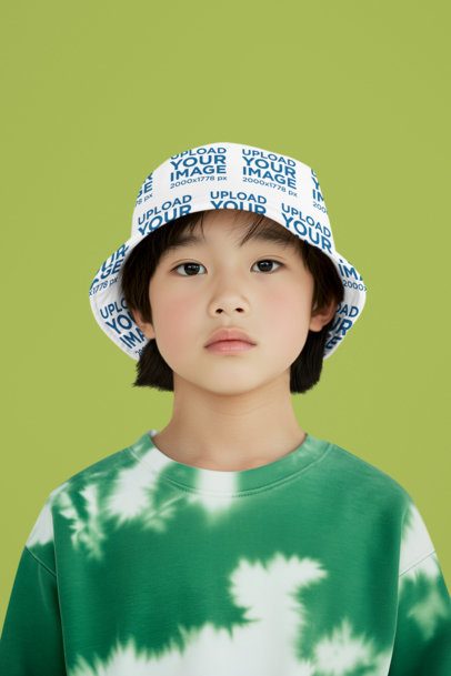 Bucket Hat Mockup of an AI-Generated Boy Standing in a Studio With a Serious Look m56058