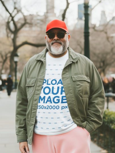 T-Shirt Mockup of an AI-Generated Bearded Old Man Posing in a Park