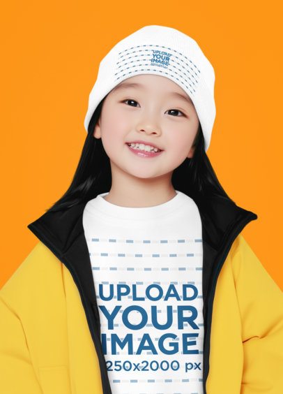 T-Shirt Mockup Featuring an AI-Created Cheerful Girl Wearing a Beanie in a Studio