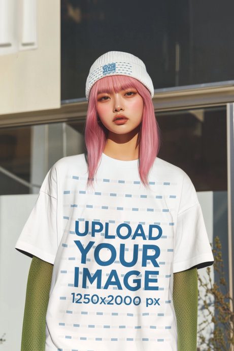 T-Shirt Mockup of an AI-Generated Woman With a Beanie and a  Y2K Cyber Core Style