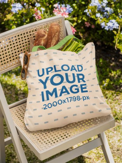 Econscious Mockup Featuring a Sublimating Tote Bag Filled With Grocery Shopping