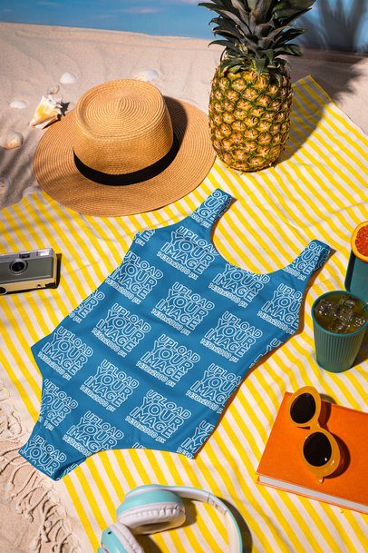 Mockup of a Swimsuit Lying on a Towel in a Beach-Themed Setting m56222