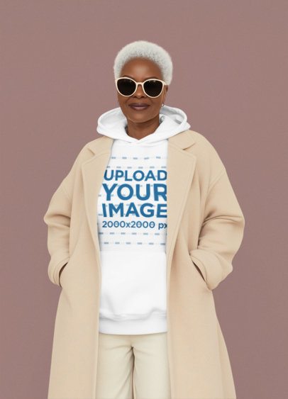 Hoodie Mockup of an AI-Generated Senior Woman Standing Against a Customizable Background
