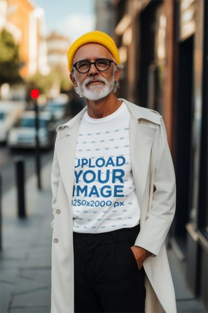 T-Shirt Mockup of an AI-Generated Senior Man Posing With a Cool Style in the Street m54884