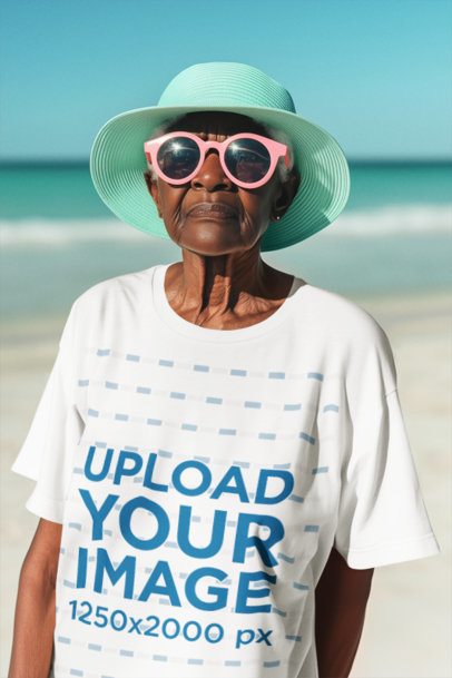 T-Shirt Mockup Featuring an AI-Created Senior Woman Posing on the Beach m54882