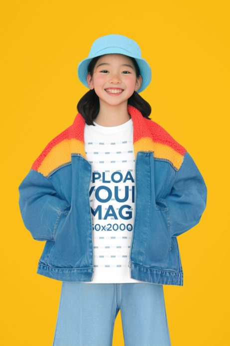 T-Shirt Mockup Featuring an AI-Created Happy Girl Posing in a Colorful Studio Setting