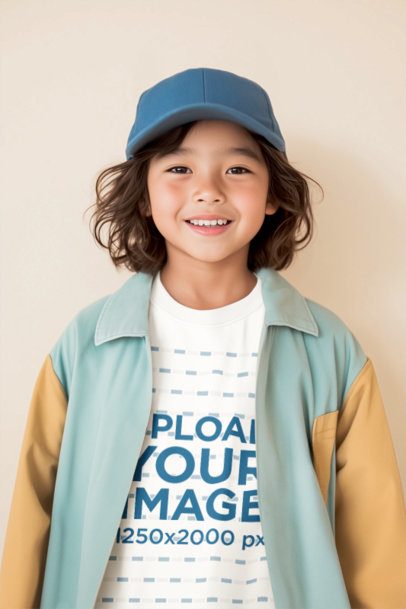 T-Shirt Mockup of an AI-Generated Cheerful Girl Posing Against a Neutral-Colored Wall m56072