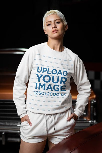 Comfort Colors Sweatshirt Mockup Featuring a Woman With Short Hair Posing Against a Car m56279
