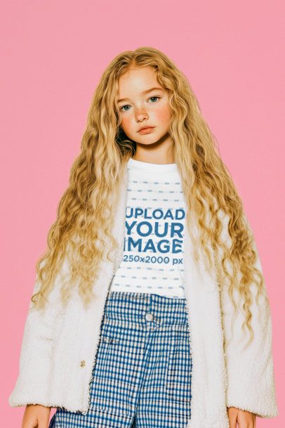 T-Shirt Mockup of an AI-Generated Long-Haired Girl Posing in a Studio With a Cardigan m56057