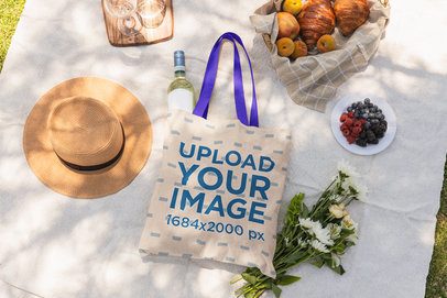 Mockup of a Sublimated Tote Bag Lying on a Picnic Setting in a Park m56498