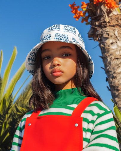 Bucket Hat Mockup Featuring an AI-Created Girl Posing With a Serious Expression