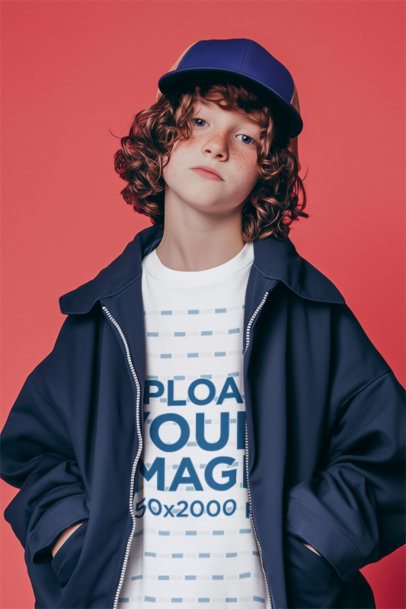 Round-Neck T-Shirt Mockup Featuring an AI-Created Curly-Haired Boy in a Studio m56056