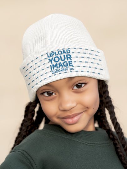 Mockup of an AI-Generated Happy Girl Wearing a Beanie in a Studio