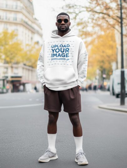 Pullover Hoodie Mockup of an AI-Generated Man With Sunglasses Standing on the Street m56380