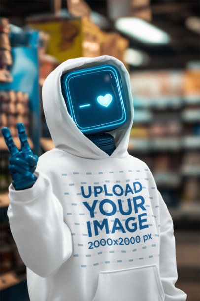 Hoodie Mockup Featuring an AI-Created Robot Making a Peace Sign m56480