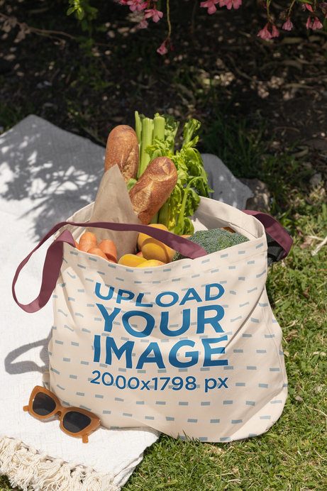 Econscious Mockup Featuring a Tote Bag Placed on the Floor With Some Groceries 