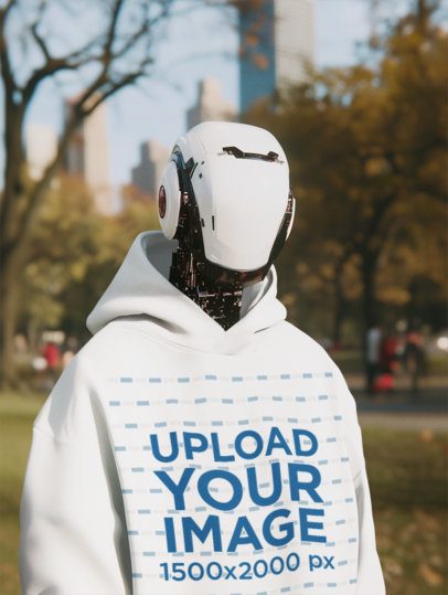 Hoodie Mockup of an AI-Generated Robot Posing in a Park m56467