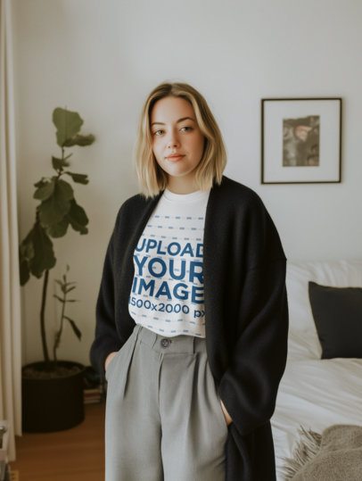 T-Shirt Mockup Featuring an AI-Created Woman Posing With a Smile in Her Bedroom m56387