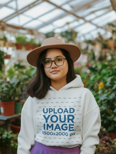 Hoodie Mockup Featuring an AI-Created Woman Posing in a Plant Nursery m56379
