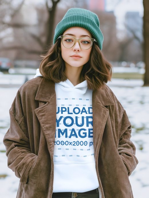 Hoodie Mockup Featuring an AI-Created Woman Posing in a Snowy Park 