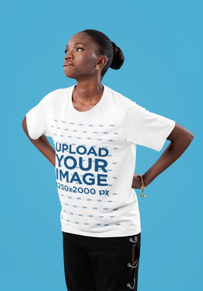 T-Shirt Mockup Featuring a Woman Making a Sad Face Against a Customizable Background