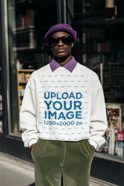 Sweatshirt Mockup Featuring an AI-Created Man Posing Outside a Store m56390