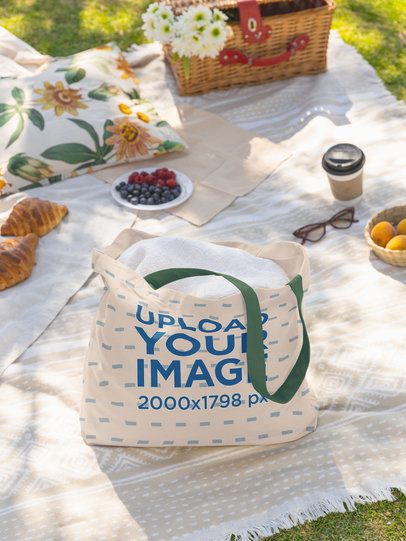 Econscious Mockup of a Sublimated Tote Bag Filled With Blankets in a Nice Picnic Setting