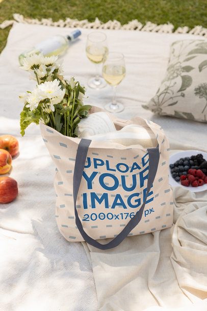 Bagmasters Mockup Featuring a Tote Bag Filled With Flowers and Blankets in a Picnic Set m56499