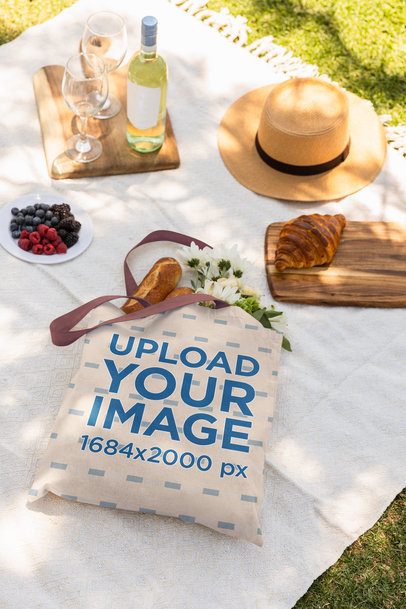 Picnic-Themed Mockup Featuring a Tote Bag Lying on a Sheet With Food and Wine m56497
