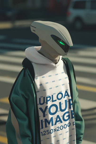 Hoodie Mockup Featuring an AI-Created Robot Crossing the Street m56460