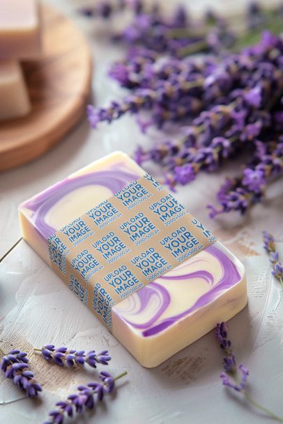 Mockup of an AI-Generated Soap Packaging Placed on a Surface With Lavender m51058
