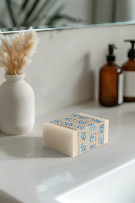 AI-Created Mockup Featuring a Soap Packaging Placed on a Nice Countertop Washbasin