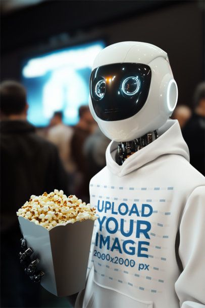 Hoodie Mockup of an AI-Generated Robot Posing at the Cinema With Popcorn m56479
