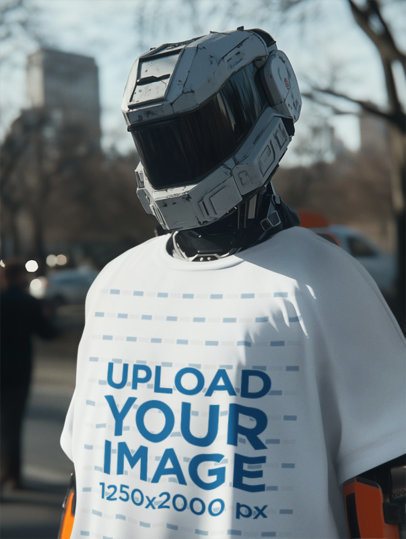 Round-Neck T-Shirt Mockup of an AI-Generated Robot Standing in the Street