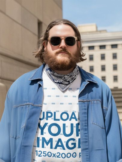 T-Shirt Mockup of an AI-Generated Bearded Man Standing Outside a Building m56386