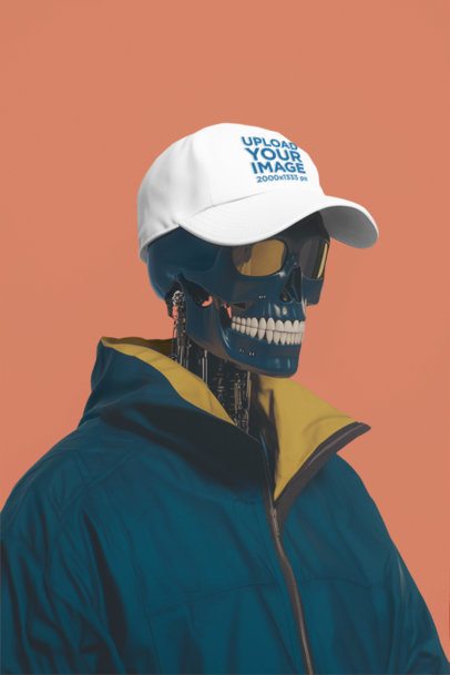 Dad Hat Mockup Featuring an AI-Created Skeleton Robot Standing in a Studio m56459