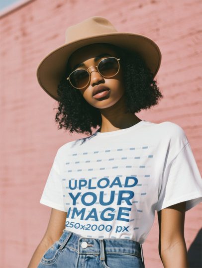 T-Shirt Mockup Featuring an AI-Created Woman Posing With a Stylish Look in the Street m56389