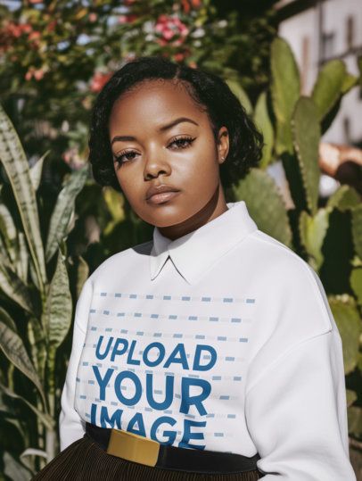 Sweatshirt Mockup Featuring an AI-Created Woman Posing Against Plants and a Cactus m56385