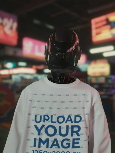Sweatshirt Mockup of an AI-Generated Robot Standing in a Street at Night