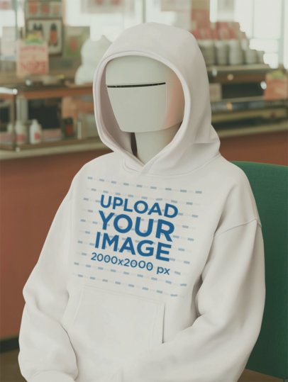 Pullover Hoodie Mockup of an AI-Generated Robot Sitting on a Restaurant Booth m56468