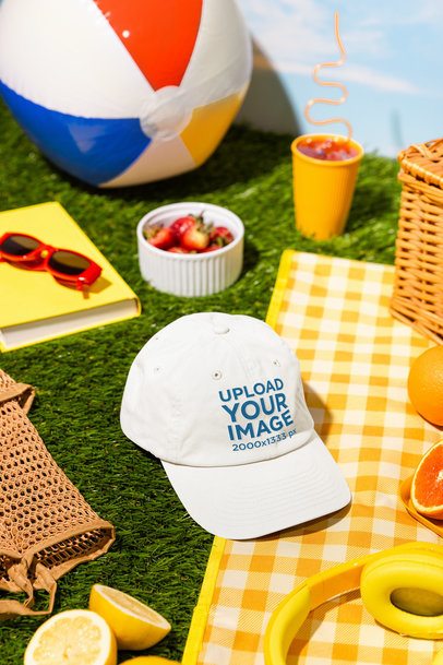 Mockup of an Embroidered Dad Hat Placed in a Summer Picnic Set m56211